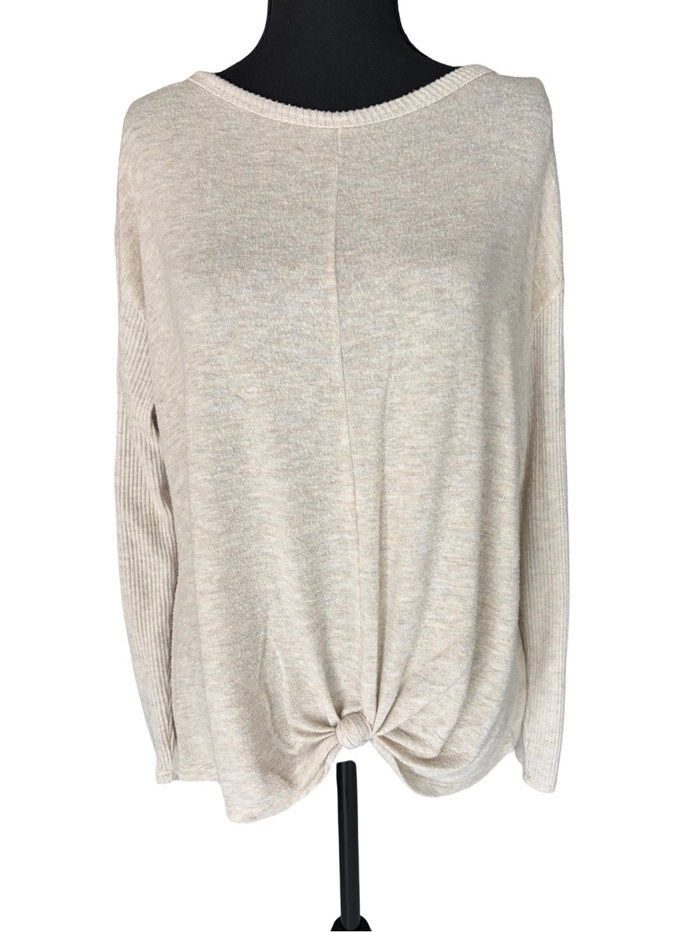 Women's Cream Knot-Front Long Sleeve Top